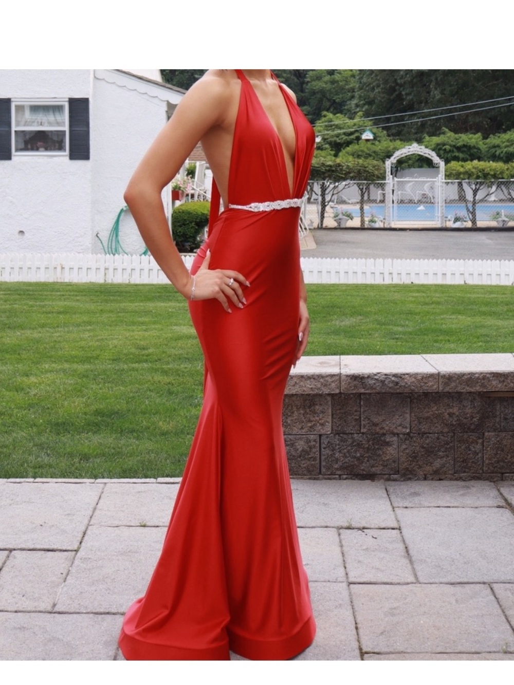 Jessica Angel Red Halter Prom Dress with Jeweled Waist